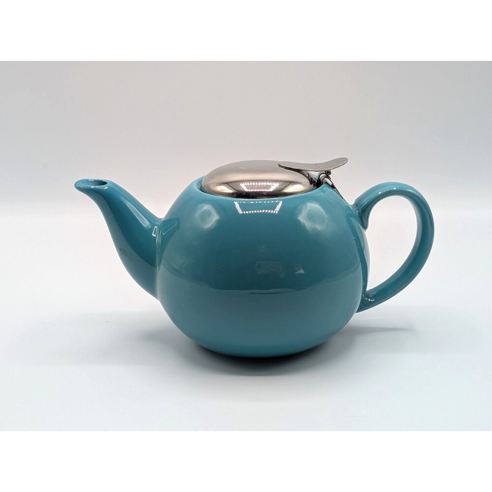 Certified International Teapot Ceramic Teal Stainless Steel Flip Top Lid